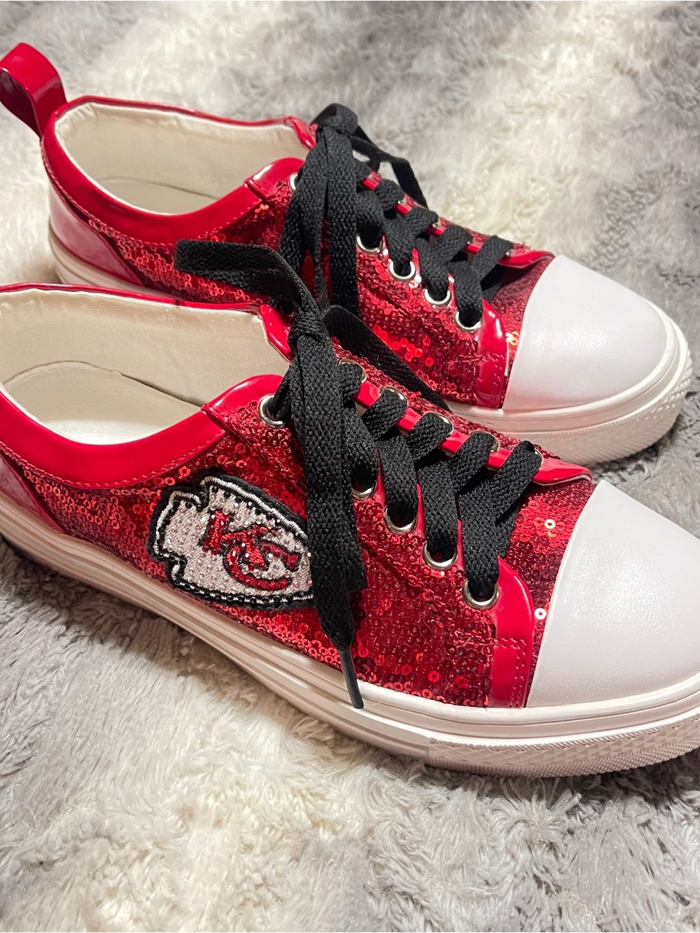 KC Chiefs Red Sequin Lace-Up Women's Sneakers with Black Laces size 8
